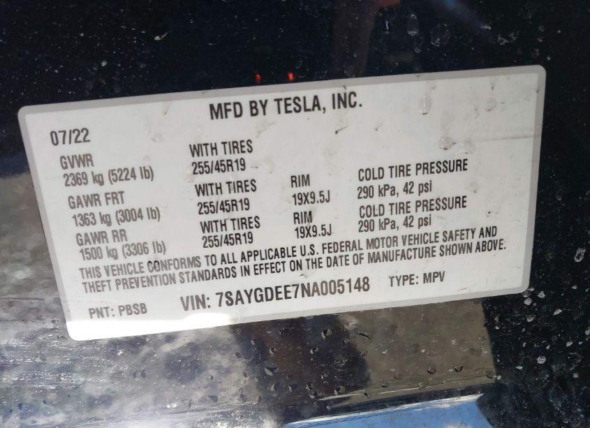 Photo 9 of 2022 Tesla Model Y LONG RANGE DUAL MOTOR ALL-WHEEL DRIVE (VIN 7SAYGDEE7NA005148)