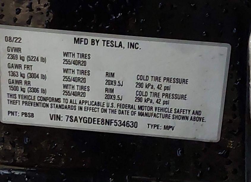 Photo 9 of 2022 Tesla Model Y LONG RANGE DUAL MOTOR ALL-WHEEL DRIVE (VIN 7SAYGDEE8NF534630)