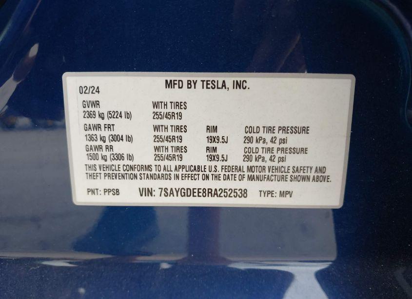 Photo 9 of 2024 Tesla Model Y LONG RANGE DUAL MOTOR ALL-WHEEL DRIVE (VIN 7SAYGDEE8RA252538)