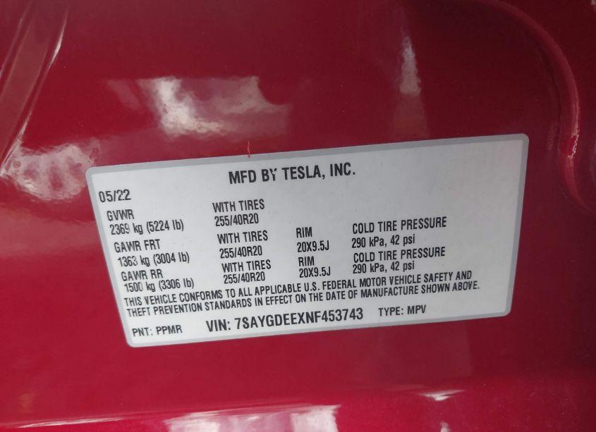 Photo 9 of 2022 Tesla Model Y LONG RANGE DUAL MOTOR ALL-WHEEL DRIVE (VIN 7SAYGDEEXNF453743)