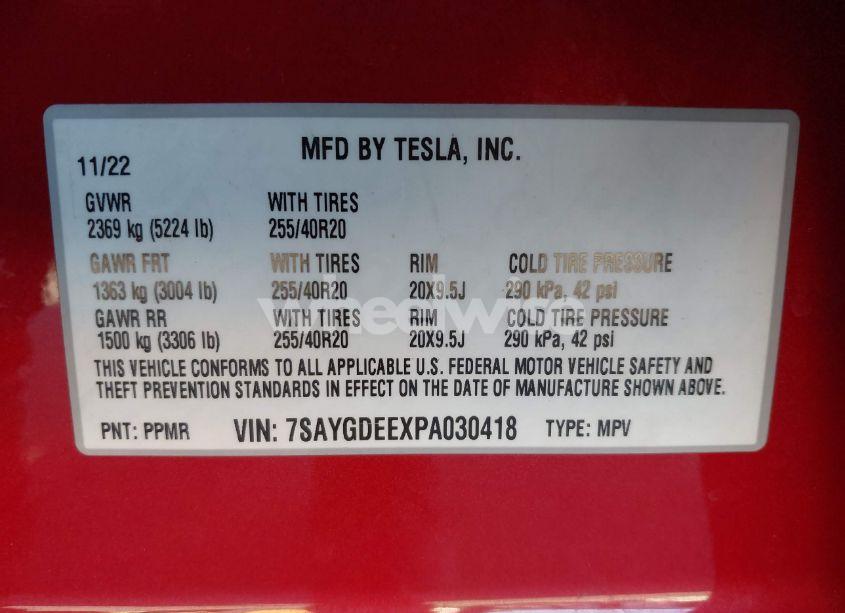 Photo 9 of 2023 Tesla Model Y AWD/LONG RANGE DUAL MOTOR ALL-WHEEL DRIVE (VIN 7SAYGDEEXPA030418)