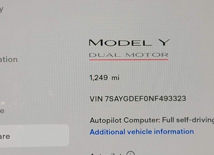 Photo 15 of 2022 Tesla Model Y PERFORMANCE DUAL MOTOR ALL-WHEEL DRIVE (VIN 7SAYGDEF0NF493323)
