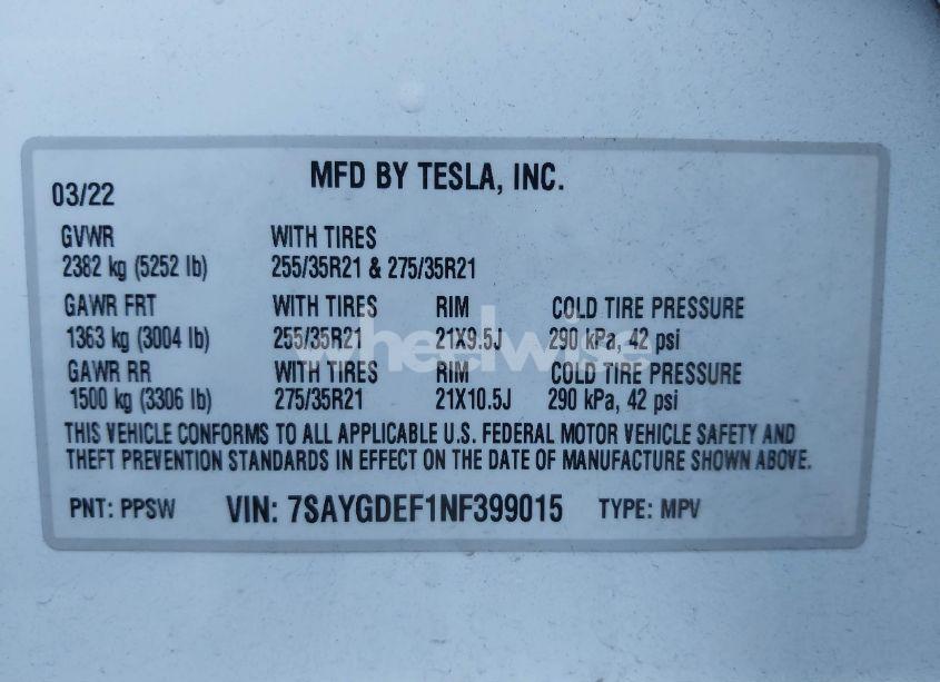 Photo 9 of 2022 Tesla Model Y PERFORMANCE DUAL MOTOR ALL-WHEEL DRIVE (VIN 7SAYGDEF1NF399015)