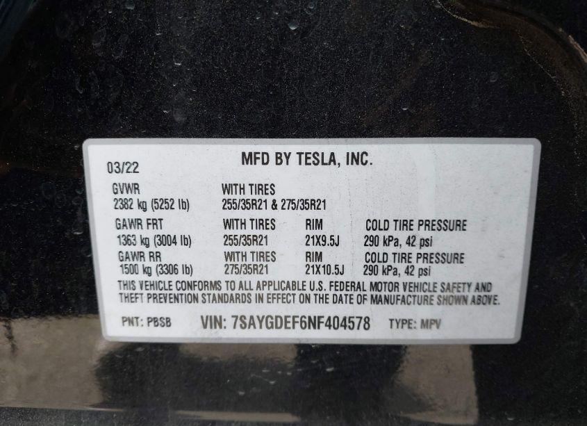 Photo 9 of 2022 Tesla Model Y PERFORMANCE DUAL MOTOR ALL-WHEEL DRIVE (VIN 7SAYGDEF6NF404578)