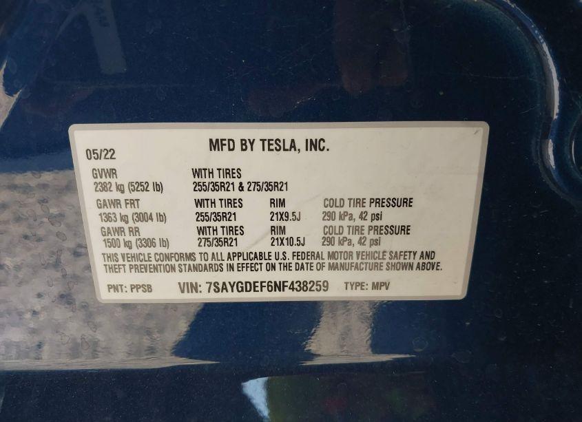 Photo 9 of 2022 Tesla Model Y PERFORMANCE DUAL MOTOR ALL-WHEEL DRIVE (VIN 7SAYGDEF6NF438259)