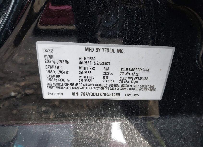 Photo 9 of 2022 Tesla Model Y PERFORMANCE DUAL MOTOR ALL-WHEEL DRIVE (VIN 7SAYGDEF6NF531105)