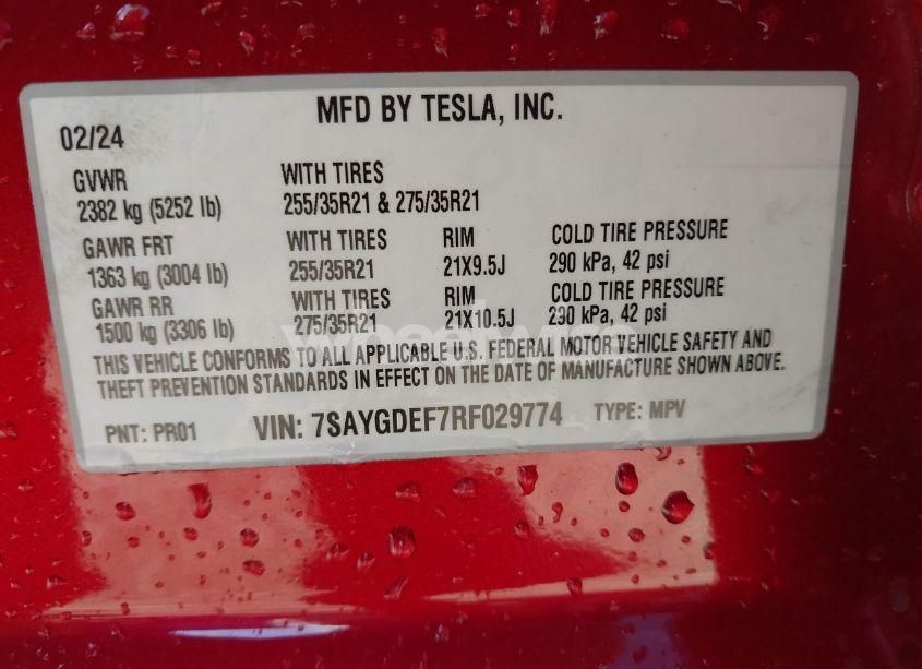 Photo 9 of 2024 Tesla Model Y PERFORMANCE DUAL MOTOR ALL-WHEEL DRIVE (VIN 7SAYGDEF7RF029774)