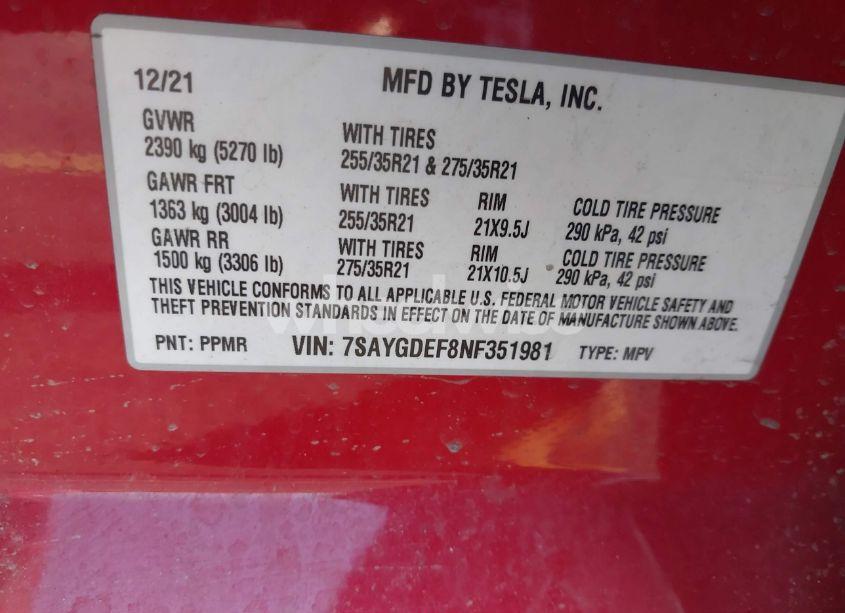Photo 9 of 2022 Tesla Model Y PERFORMANCE DUAL MOTOR ALL-WHEEL DRIVE (VIN 7SAYGDEF8NF351981)