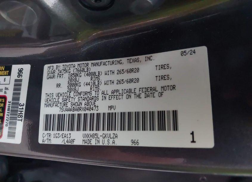 Photo 9 of 2024 Toyota Sequoia LIMITED (VIN 7SVAAABA0RX040473)