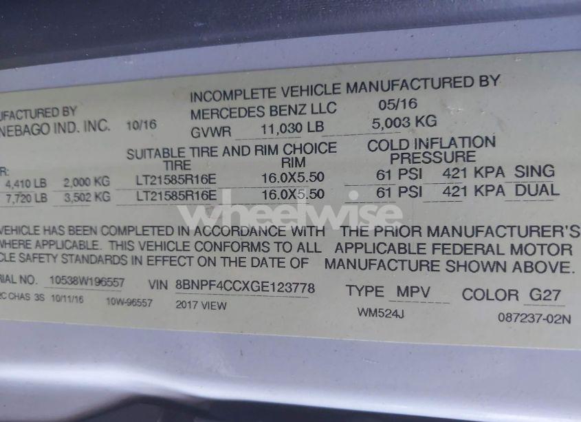 Photo 9 of 2016 Mercedes-benz Sprinter 3500 (VIN 8BNPF4CCXGE123778)