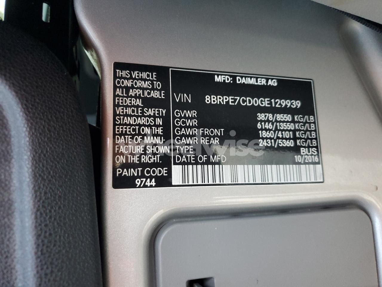 Photo 13 of 2016 MERZ SPRINTER CARGO 2500 (VIN 8BRPE7CD0GE129939)