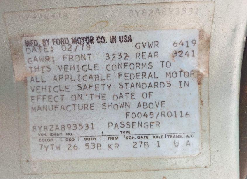 Photo 9 of 1978 Lincoln Continental (VIN 8Y82A893531)