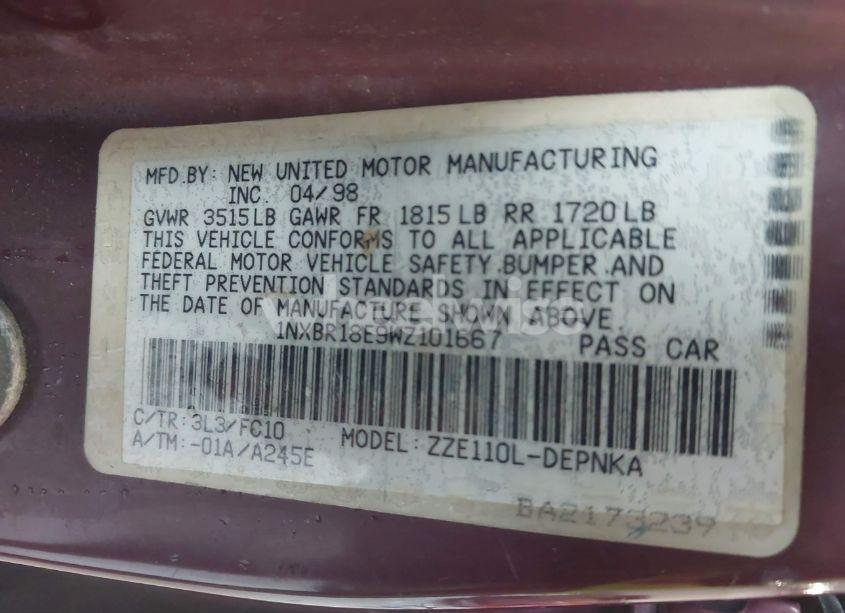 Photo 9 of 1998 Toyota Corolla (VIN INXBR18E9WZ101667)