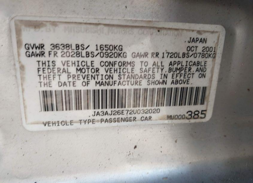 Photo 9 of 2002 Mitsubishi Lancer ES (VIN JA3AJ26E72U032020)