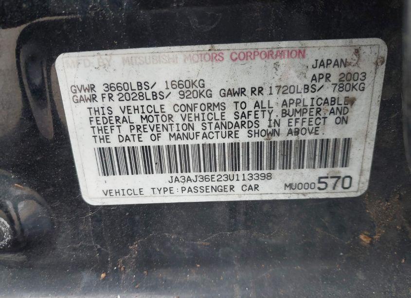 Photo 9 of 2003 Mitsubishi Lancer LS (VIN JA3AJ36E23U113398)