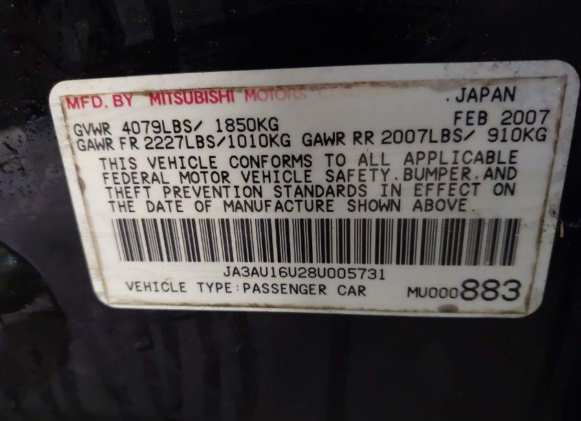 Photo 9 of 2008 Mitsubishi Lancer DE (VIN JA3AU16U28U005731)