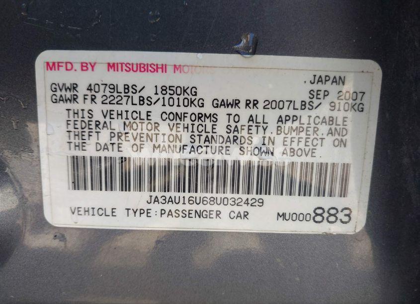 Photo 9 of 2008 Mitsubishi Lancer DE (VIN JA3AU16U68U032429)