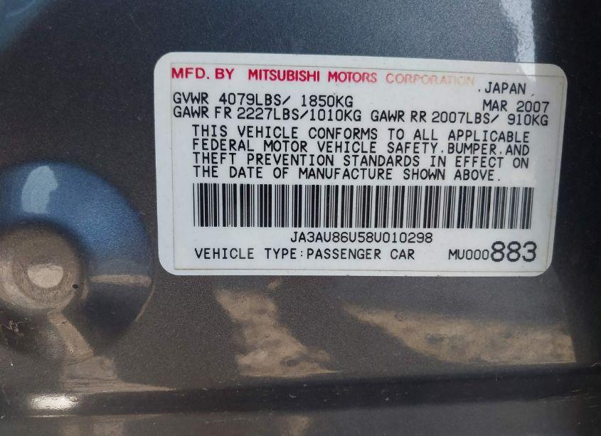 Photo 9 of 2008 Mitsubishi Lancer GTS (VIN JA3AU86U58U010298)