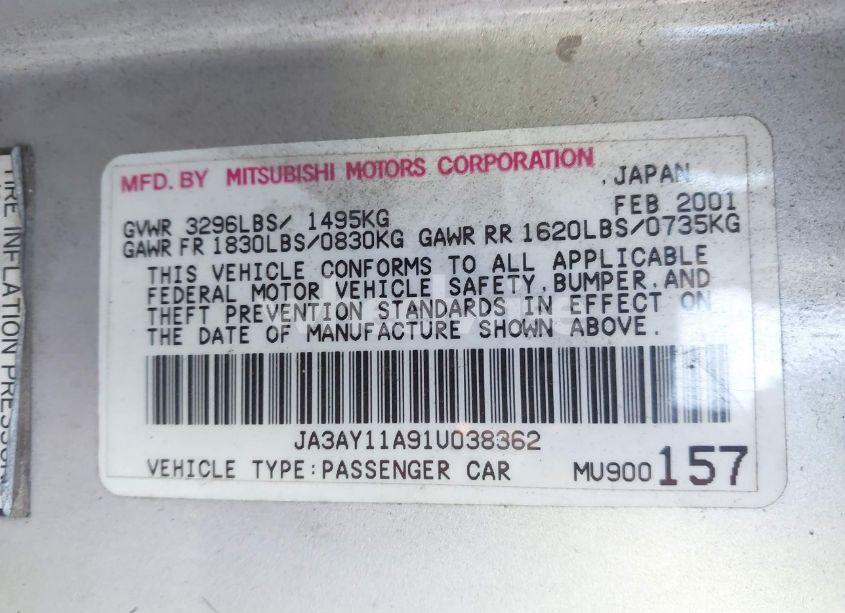 Photo 9 of 2001 Mitsubishi Mirage DE (VIN JA3AY11A91U038362)
