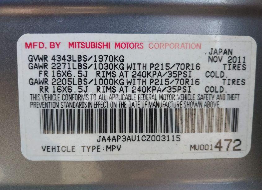 Photo 9 of 2012 Mitsubishi Outlander SPORT ES (VIN JA4AP3AU1CZ003115)