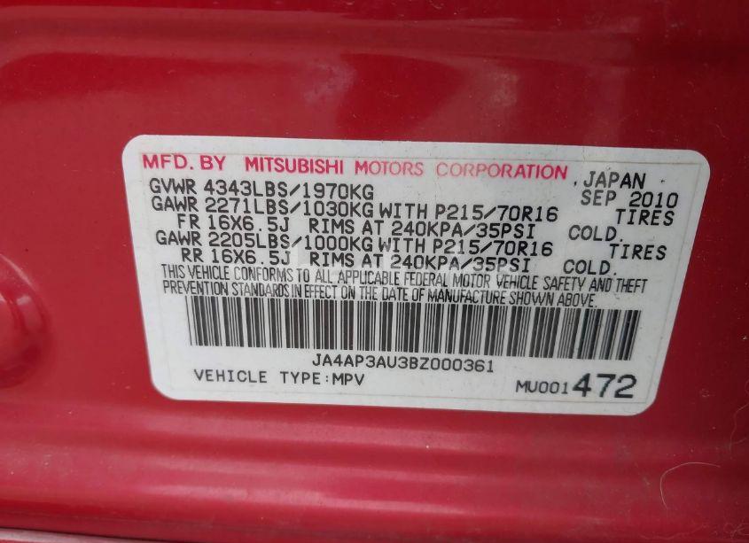 Photo 9 of 2011 Mitsubishi Outlander SPORT ES (VIN JA4AP3AU3BZ000361)