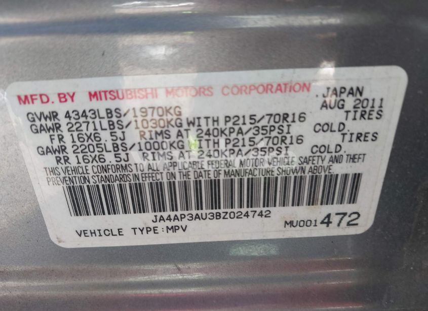 Photo 9 of 2011 Mitsubishi Outlander SPORT ES (VIN JA4AP3AU3BZ024742)