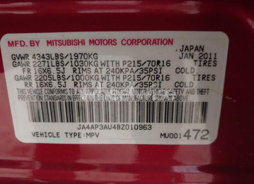 Photo 9 of 2011 Mitsubishi Outlander SPORT ES (VIN JA4AP3AU4BZ010963)