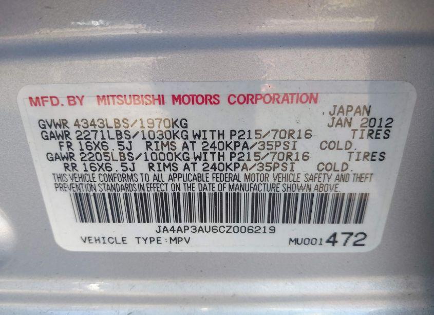 Photo 9 of 2012 Mitsubishi Outlander SPORT ES (VIN JA4AP3AU6CZ006219)