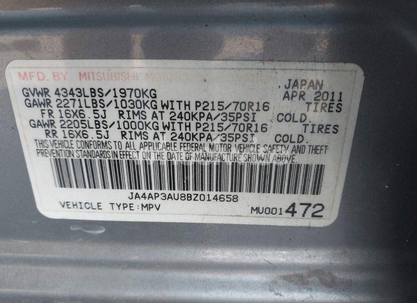 Photo 9 of 2011 Mitsubishi Outlander SPORT ES (VIN JA4AP3AU8BZ014658)