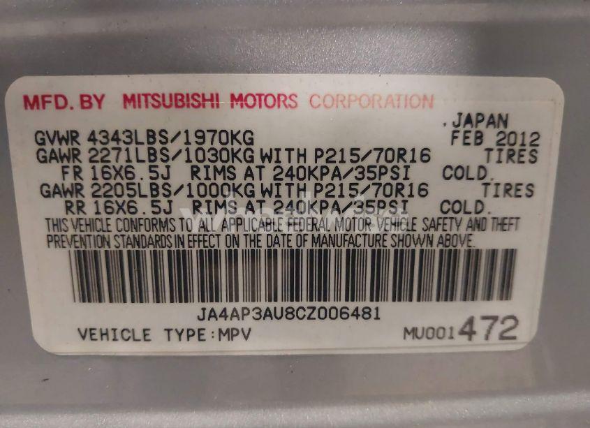 Photo 9 of 2012 Mitsubishi Outlander SPORT ES (VIN JA4AP3AU8CZ006481)