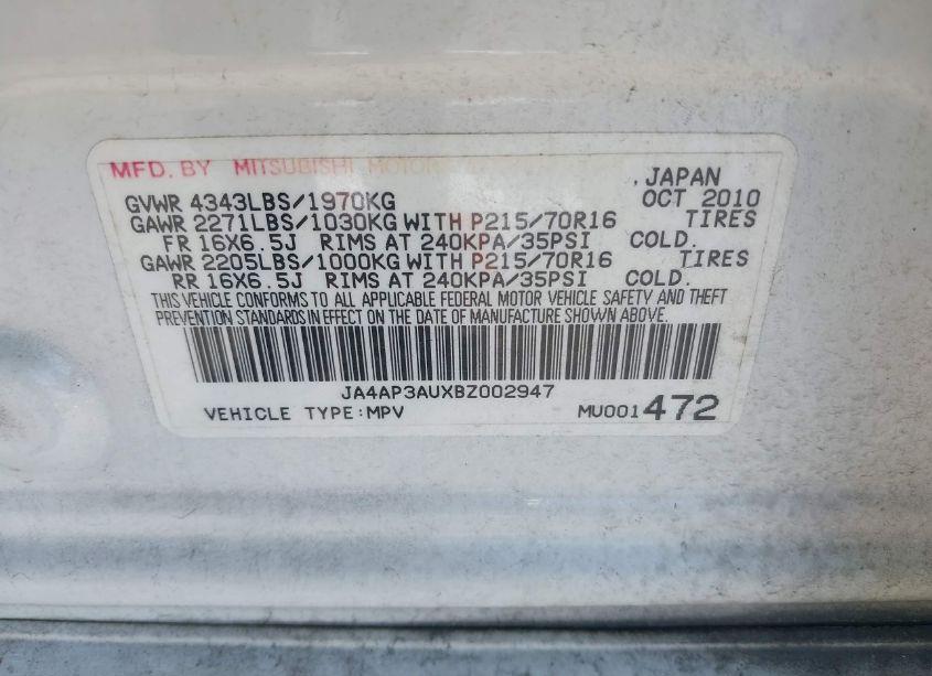 Photo 9 of 2011 Mitsubishi Outlander SPORT ES (VIN JA4AP3AUXBZ002947)