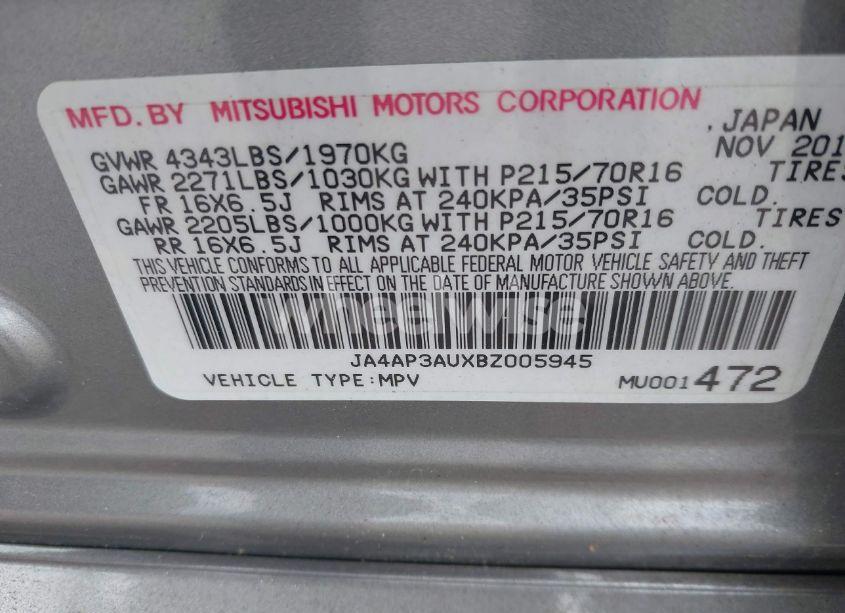 Photo 9 of 2011 Mitsubishi Outlander SPORT ES (VIN JA4AP3AUXBZ005945)