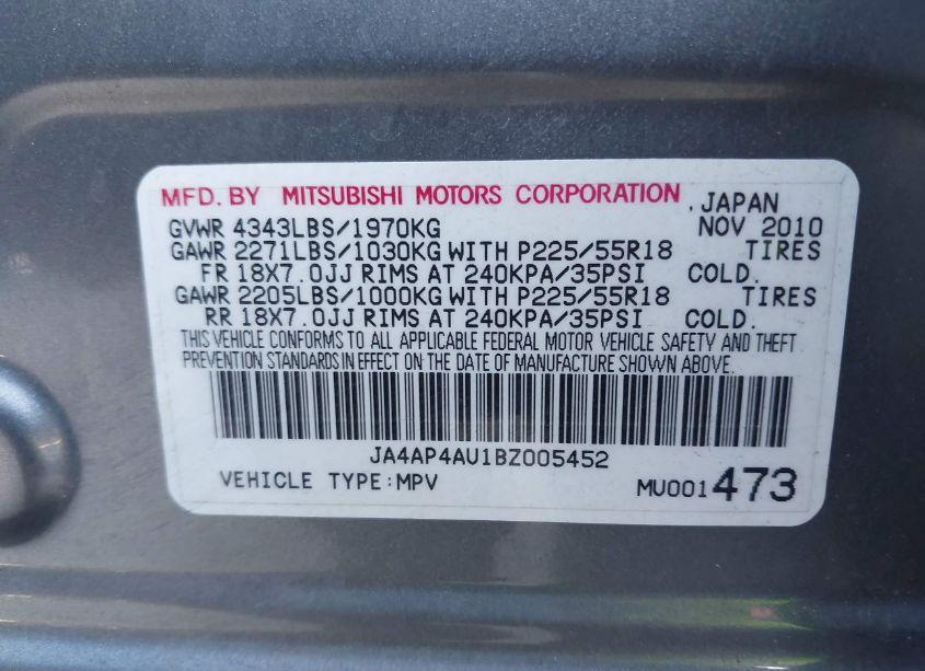 Photo 9 of 2011 Mitsubishi Outlander SPORT SE (VIN JA4AP4AU1BZ005452)