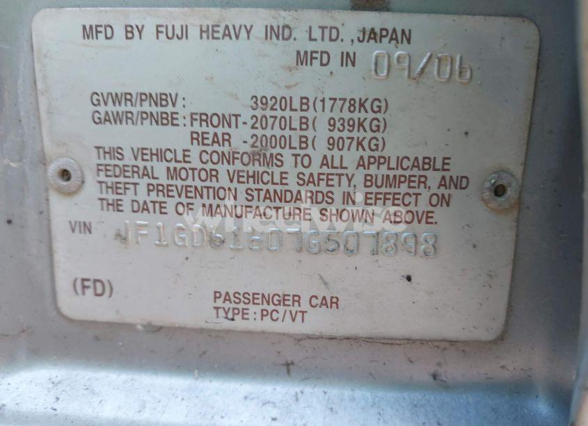 Photo 9 of 2007 Subaru Impreza 2.5I (VIN JF1GD61607G507898)