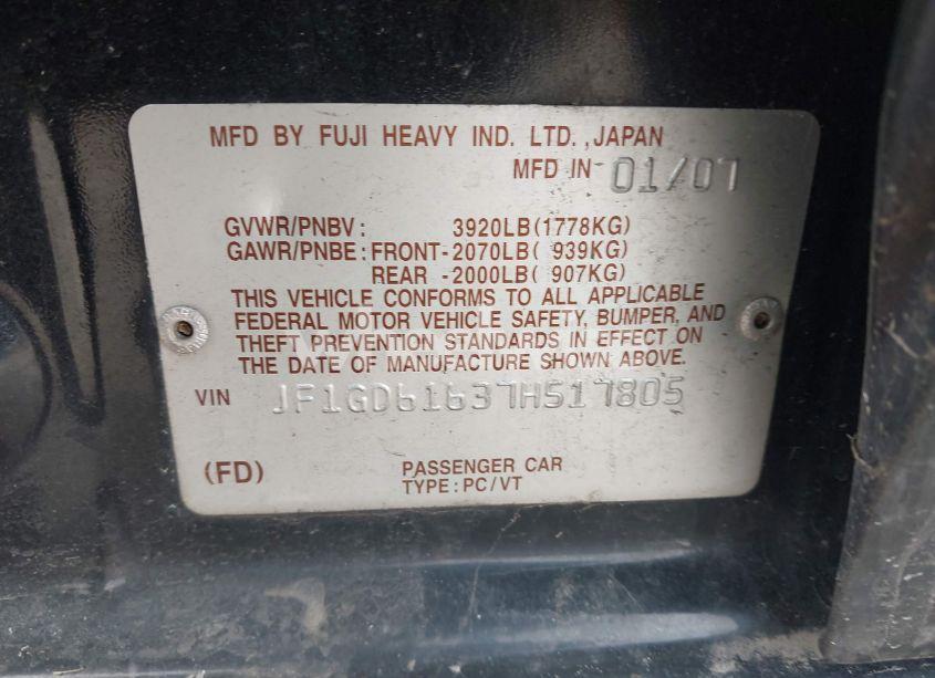 Photo 9 of 2007 Subaru Impreza 2.5I (VIN JF1GD61637H517805)