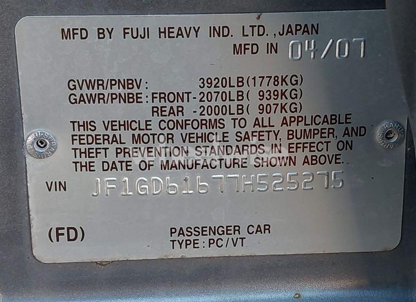 Photo 9 of 2007 Subaru Impreza 2.5I (VIN JF1GD61677H525275)