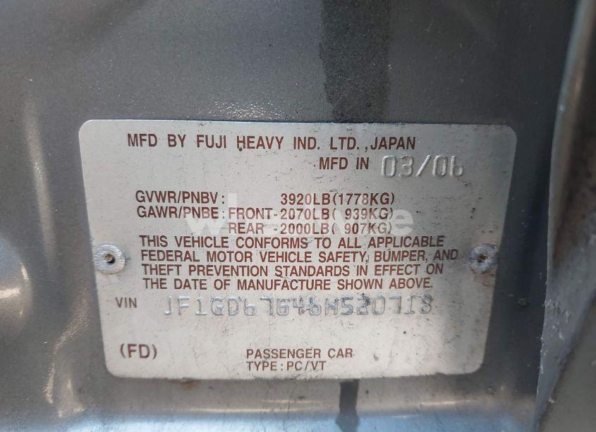 Photo 9 of 2006 Subaru Impreza 2.5I (VIN JF1GD67646H520718)