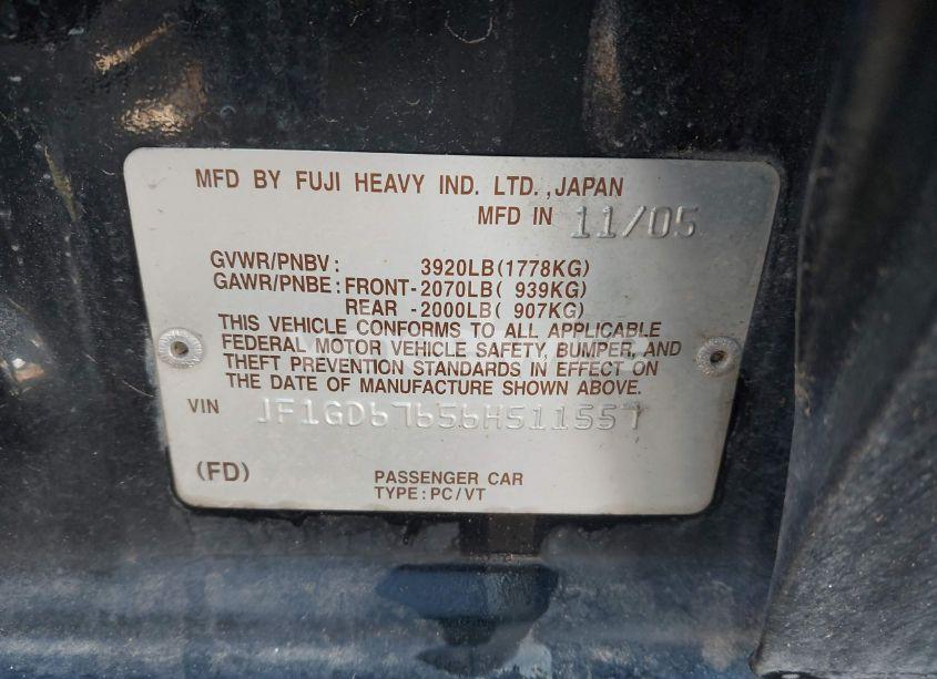 Photo 9 of 2006 Subaru Impreza 2.5I (VIN JF1GD67656H511557)