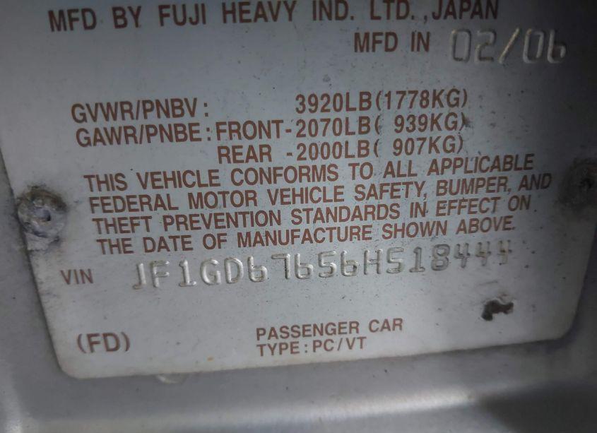 Photo 9 of 2006 Subaru Impreza 2.5I (VIN JF1GD67656H518444)
