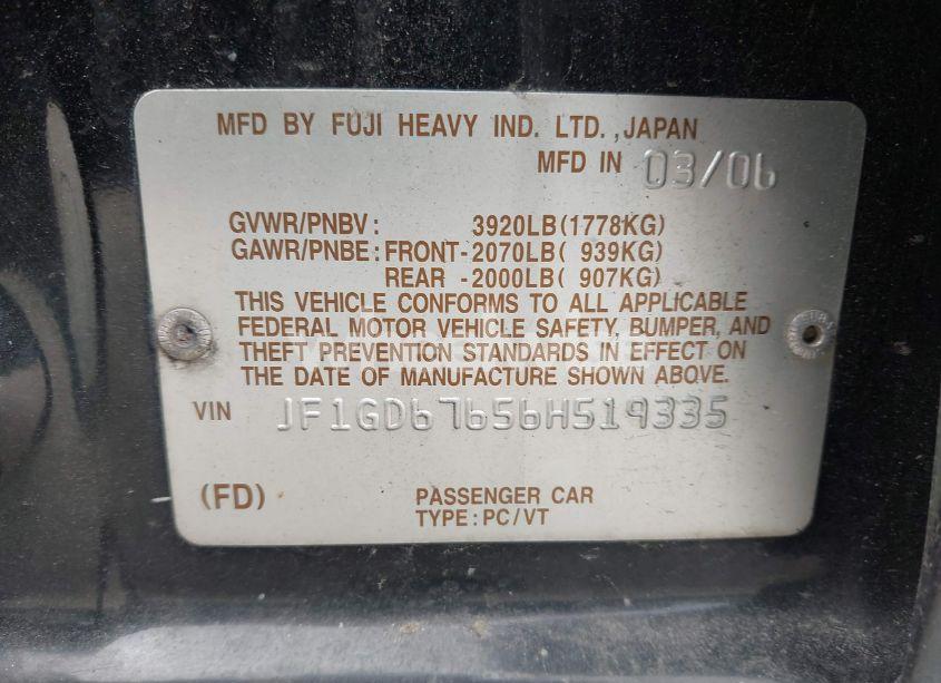 Photo 9 of 2006 Subaru Impreza 2.5I (VIN JF1GD67656H519335)