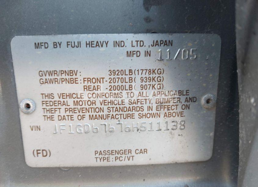 Photo 9 of 2006 Subaru Impreza 2.5I (VIN JF1GD67676H511138)