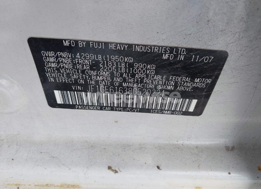 Photo 9 of 2008 Subaru Impreza (NATL) I (VIN JF1GE61638G520224)