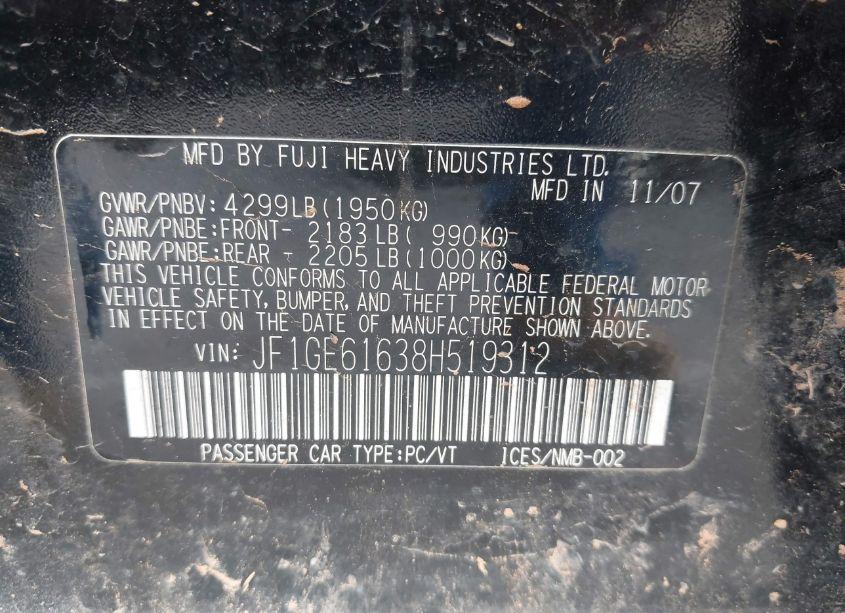 Photo 9 of 2008 Subaru Impreza 2.5I (VIN JF1GE61638H519312)