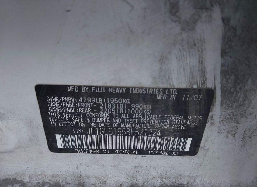 Photo 9 of 2008 Subaru Impreza 2.5I (VIN JF1GE61658H521224)