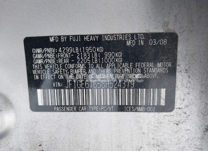 Photo 9 of 2008 Subaru Impreza 2.5I (VIN JF1GE61658H524379)