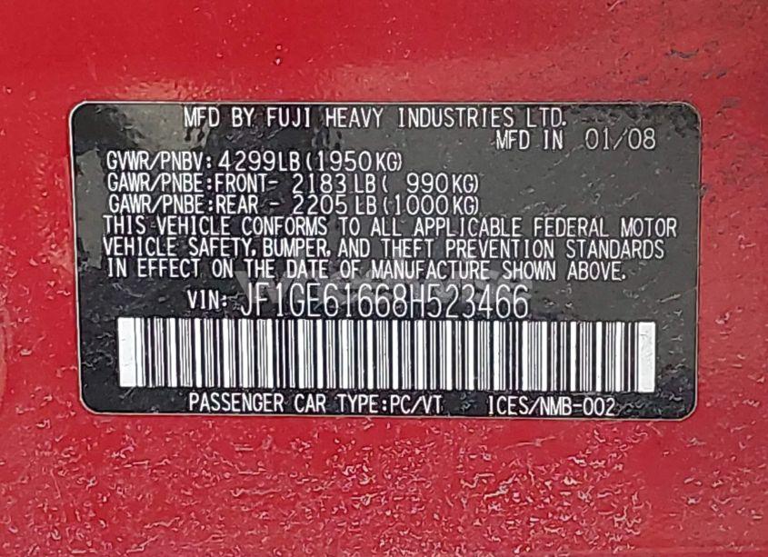 Photo 9 of 2008 Subaru Impreza 2.5I (VIN JF1GE61668H523466)