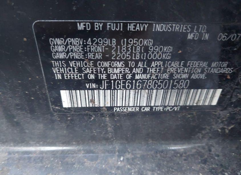 Photo 9 of 2008 Subaru Impreza 2.5I (VIN JF1GE61678G501580)