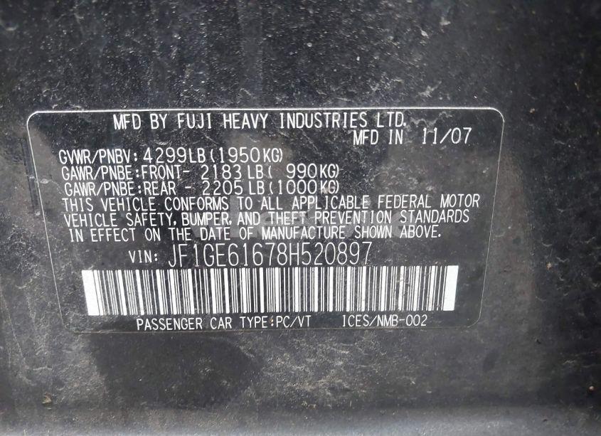 Photo 9 of 2008 Subaru Impreza 2.5I (VIN JF1GE61678H520897)