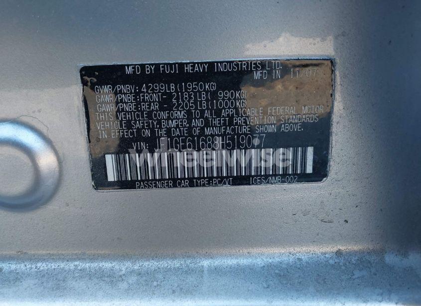 Photo 9 of 2008 Subaru Impreza (NATL) I W/PREMIUM PKG (VIN JF1GE61688H519077)