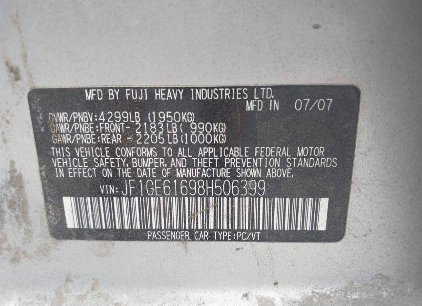 Photo 9 of 2008 Subaru Impreza 2.5I (VIN JF1GE61698H506399)